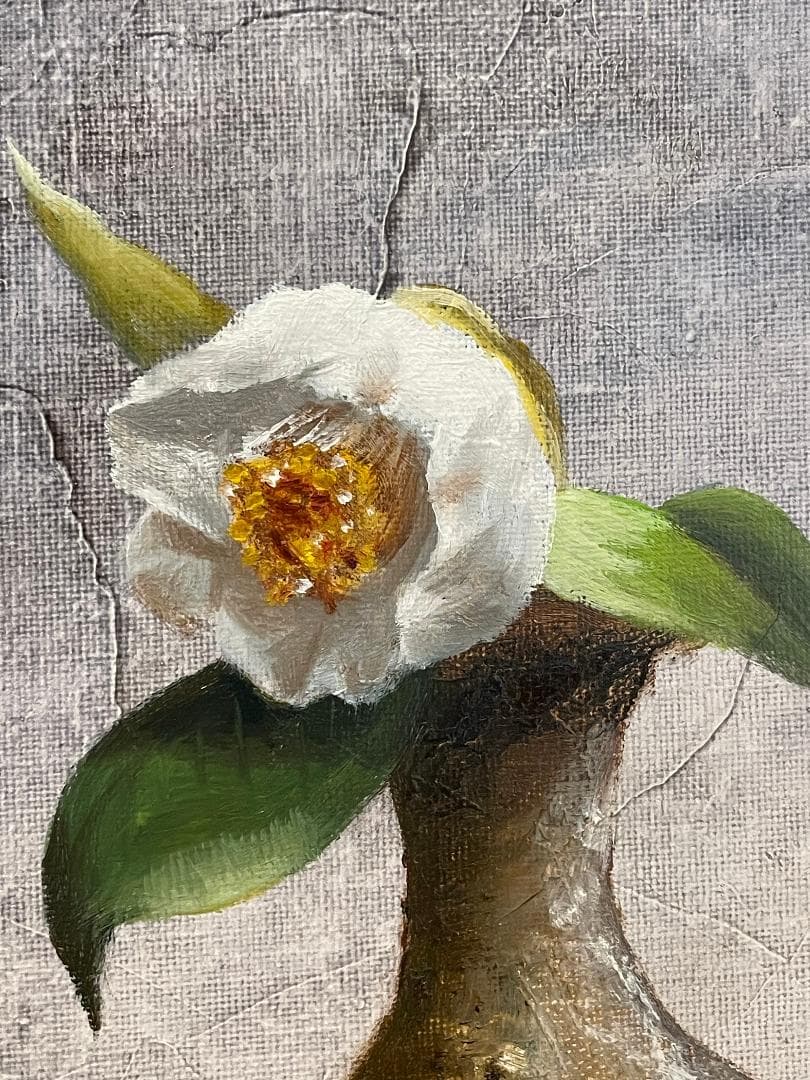 「真作」安田英明「椿」静物画　油彩画　額装　サイン有り　F4号