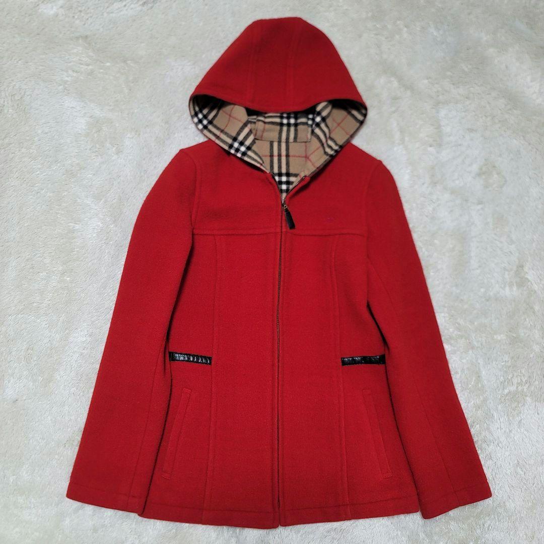 バーバリーブルーレーベル　フーデットコート ノバチェック　ホース刺繍　レザー