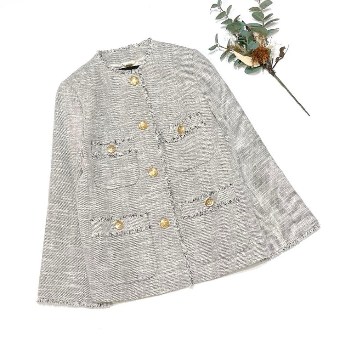 専用ですallureville スラブツイードクルーショートコート 麻　金ボタン