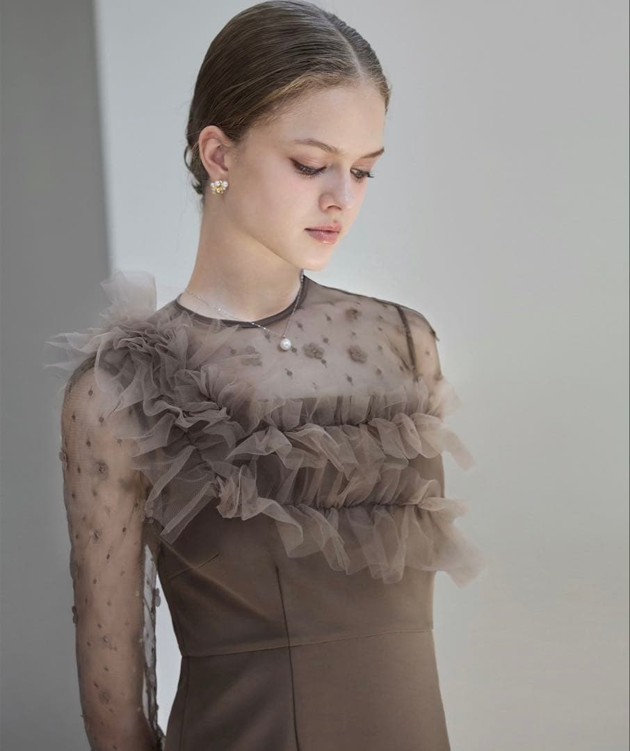 Leja フラワーモチーフアシンメトリーチュールマーメイドワンピースドレス