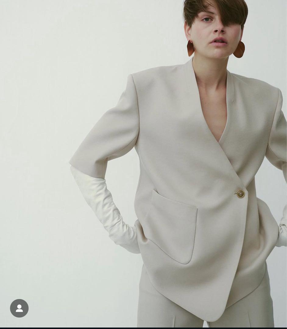 IIROTノーカラーミドルスリーブウールジャケット/アイボリー