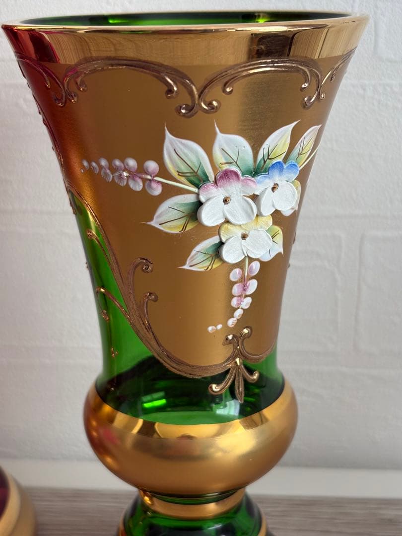 ベネチアングラス 花瓶 2点ペアセット エナメル彩 ムラーノ島 ヴィンテージ