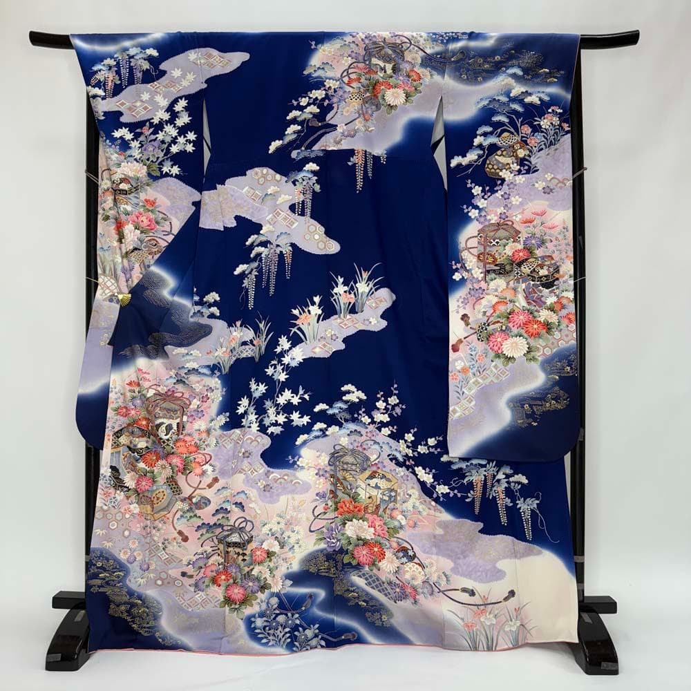 振袖 正絹 青 白 古典花柄 裄70㎝ 成人式 中古 b-66