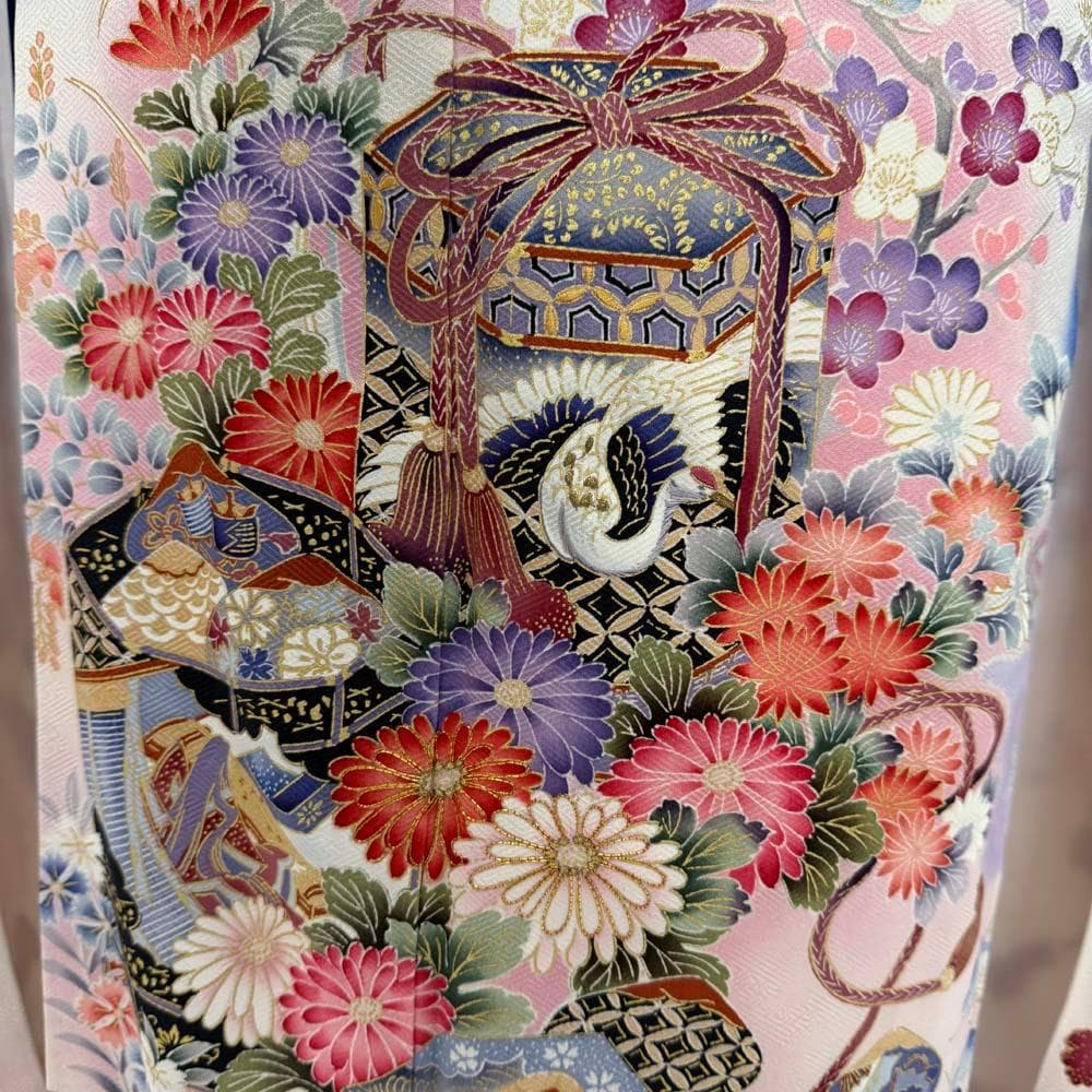 振袖 正絹 青 白 古典花柄 裄70㎝ 成人式 中古 b-66