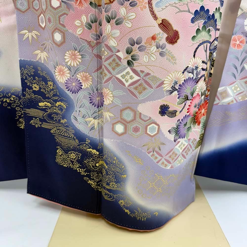 振袖 正絹 青 白 古典花柄 裄70㎝ 成人式 中古 b-66