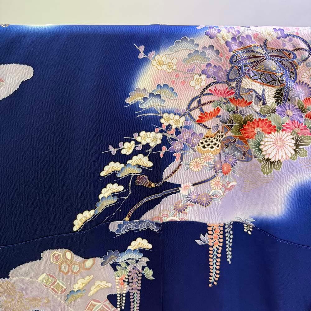 振袖 正絹 青 白 古典花柄 裄70㎝ 成人式 中古 b-66