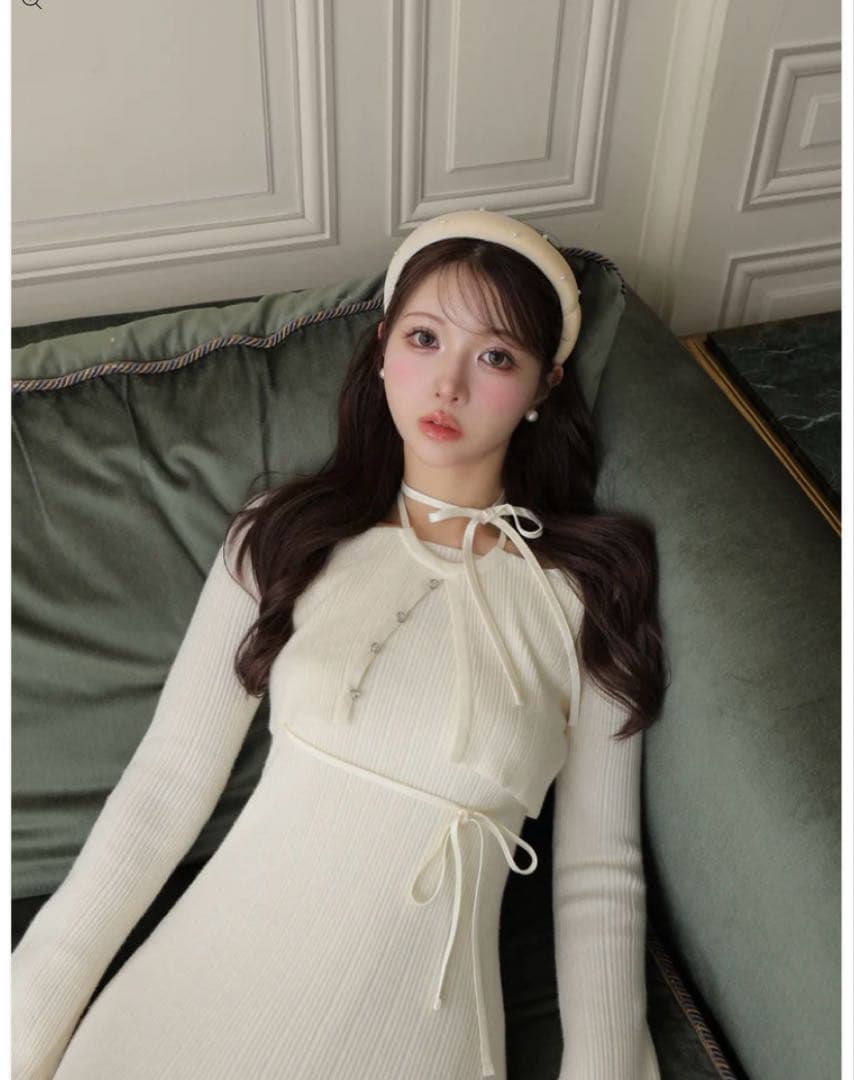 ワンピース M me eme Layered ribbon knit onepiece