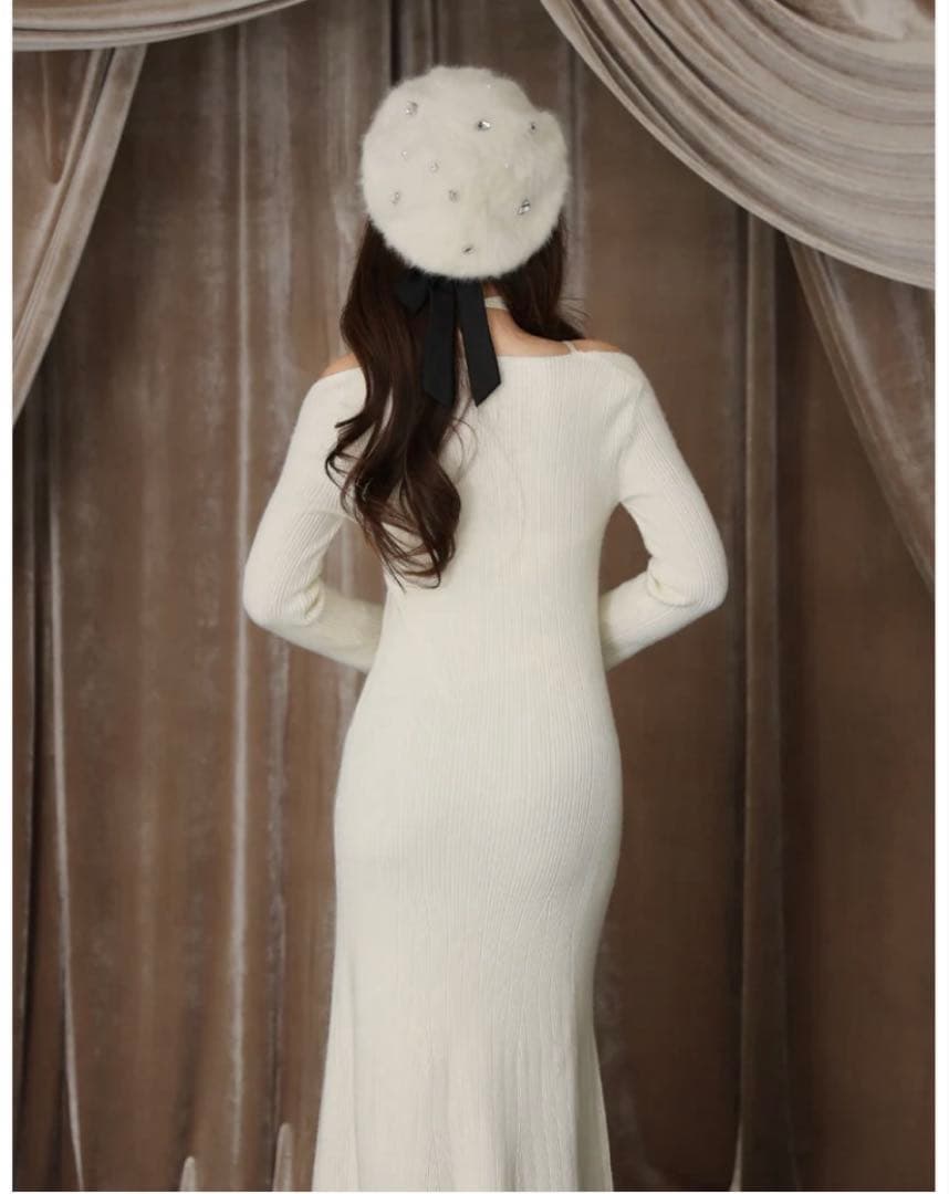 ワンピース M me eme Layered ribbon knit onepiece