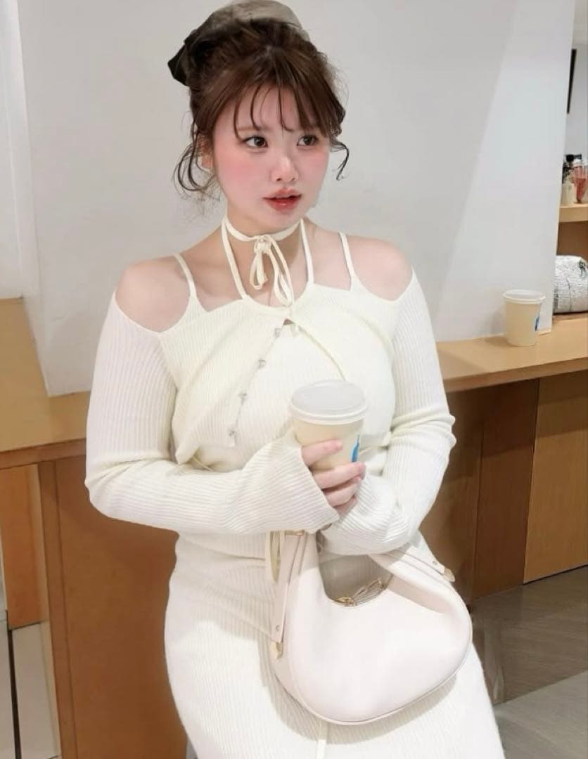 ワンピース M me eme Layered ribbon knit onepiece