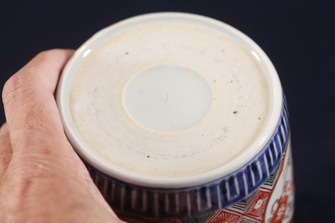 399　古伊万里大振金襴手窓絵市松唐獅子図蕎麦猪口　幕末　無傷