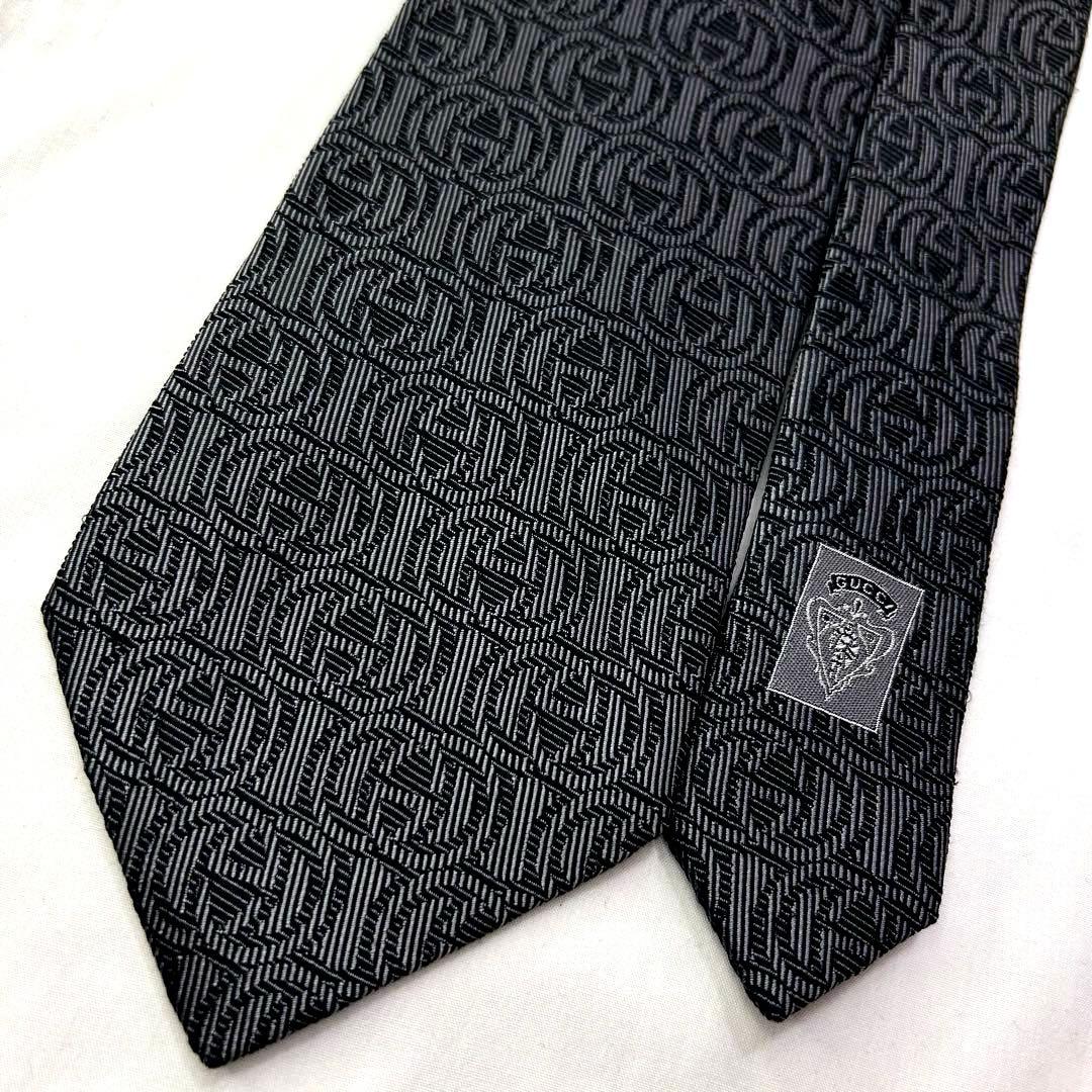 美品 グッチ ネクタイ シルク ロゴ インターロッキングGG GG柄 グレー