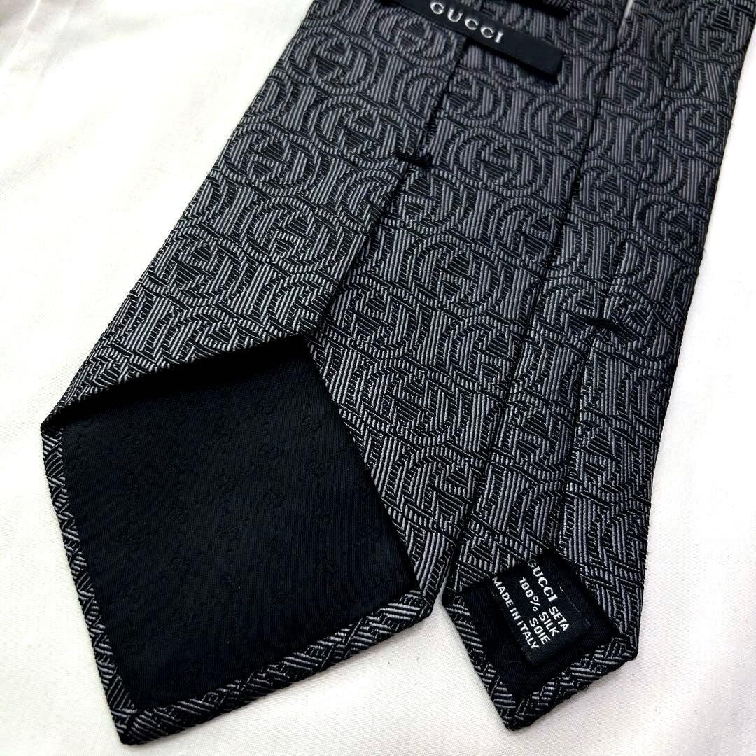 美品 グッチ ネクタイ シルク ロゴ インターロッキングGG GG柄 グレー