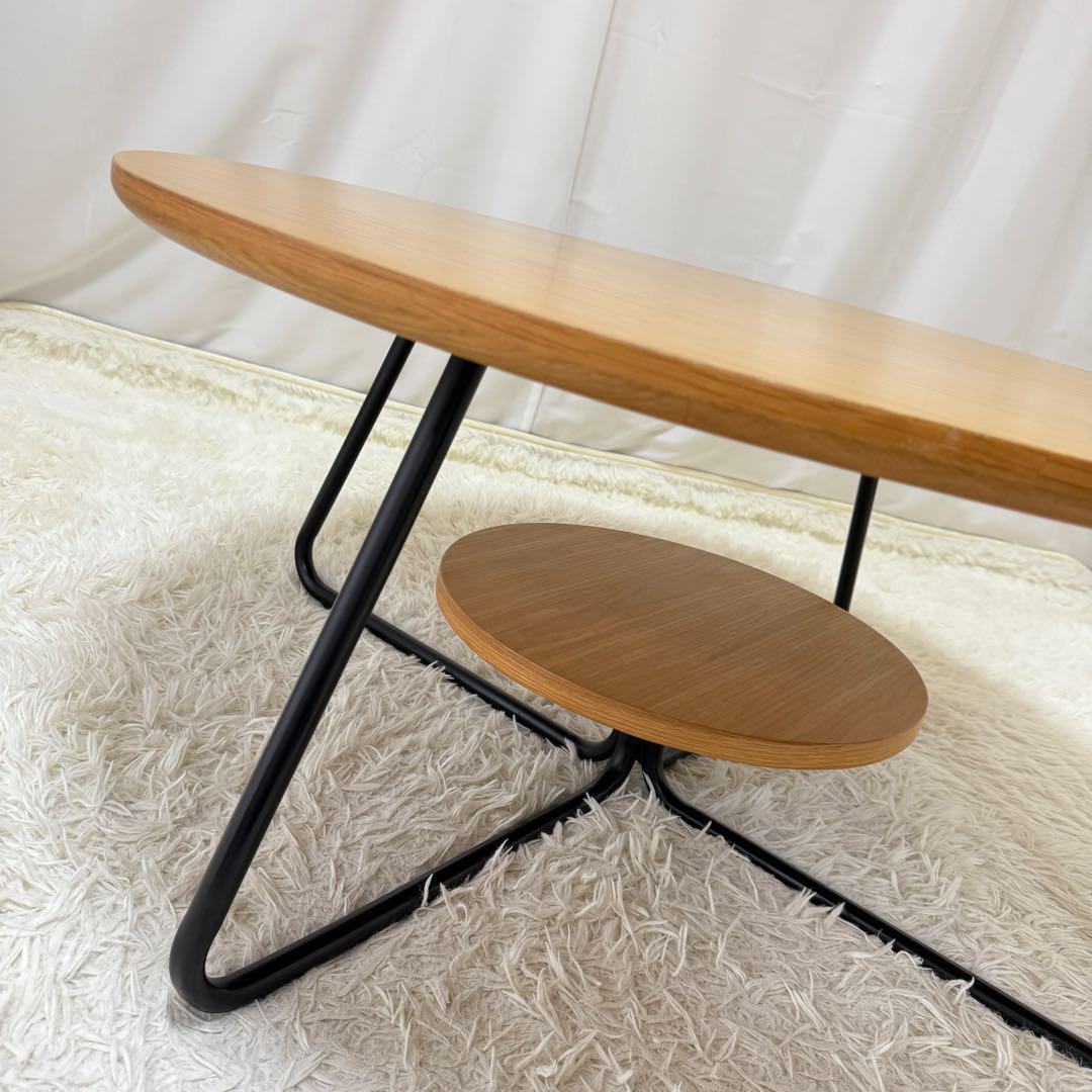 値下げ！美品 コーヒーテーブル 円形 木製 スチール 下段丸棚付き ローテーブル