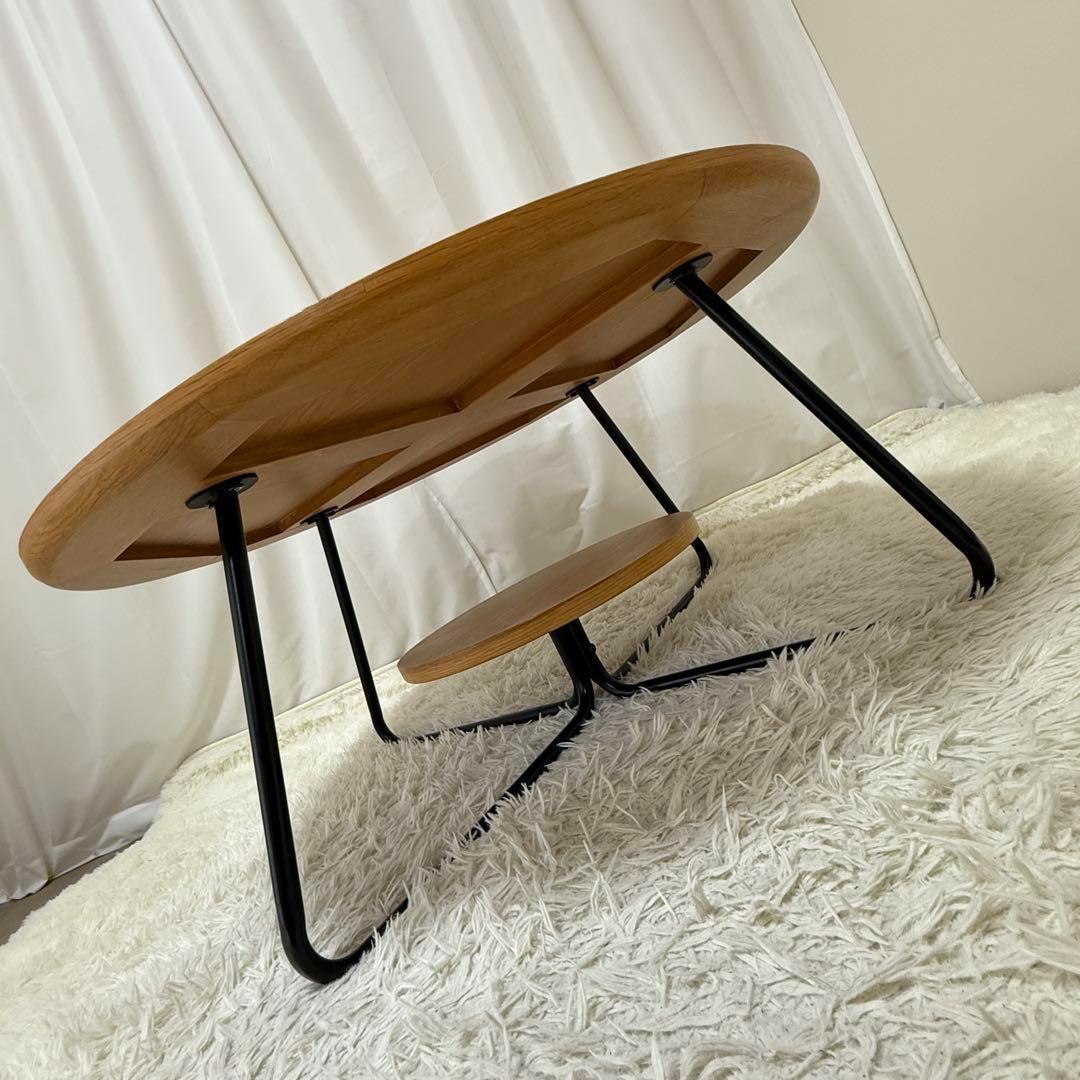 値下げ！美品 コーヒーテーブル 円形 木製 スチール 下段丸棚付き ローテーブル