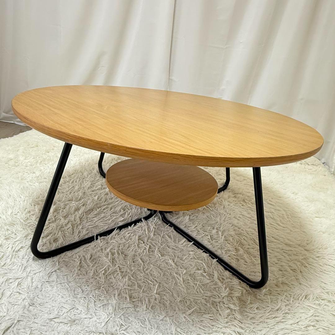 値下げ！美品 コーヒーテーブル 円形 木製 スチール 下段丸棚付き ローテーブル