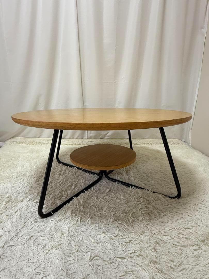 値下げ！美品 コーヒーテーブル 円形 木製 スチール 下段丸棚付き ローテーブル