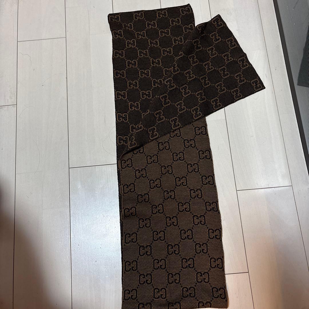 超美品　GUCCI マフラー　ストール　ウール　総柄　ブラウン　リバーシブル