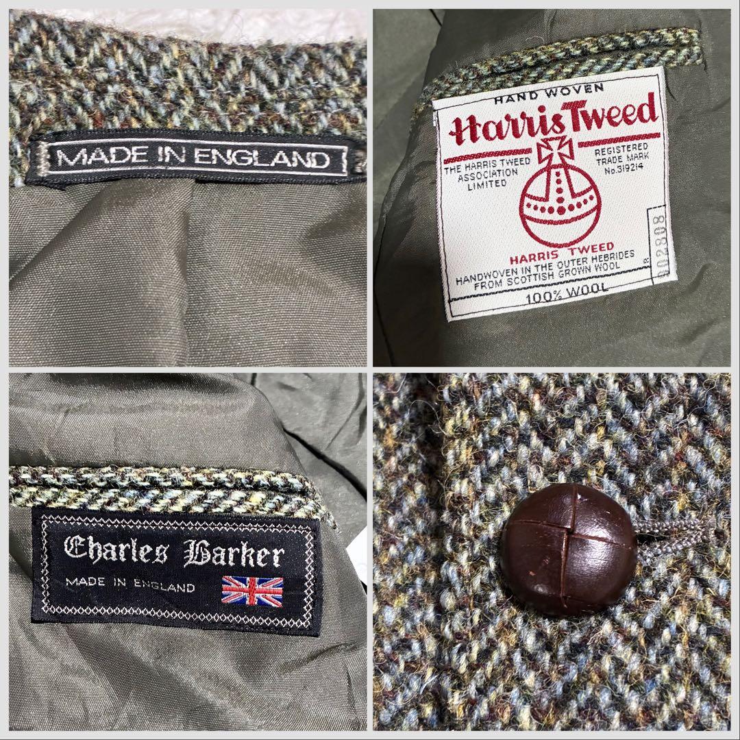 【ハリスツイード】英国製 ヘリンボーン柄テーラージャケット グリーン系 S