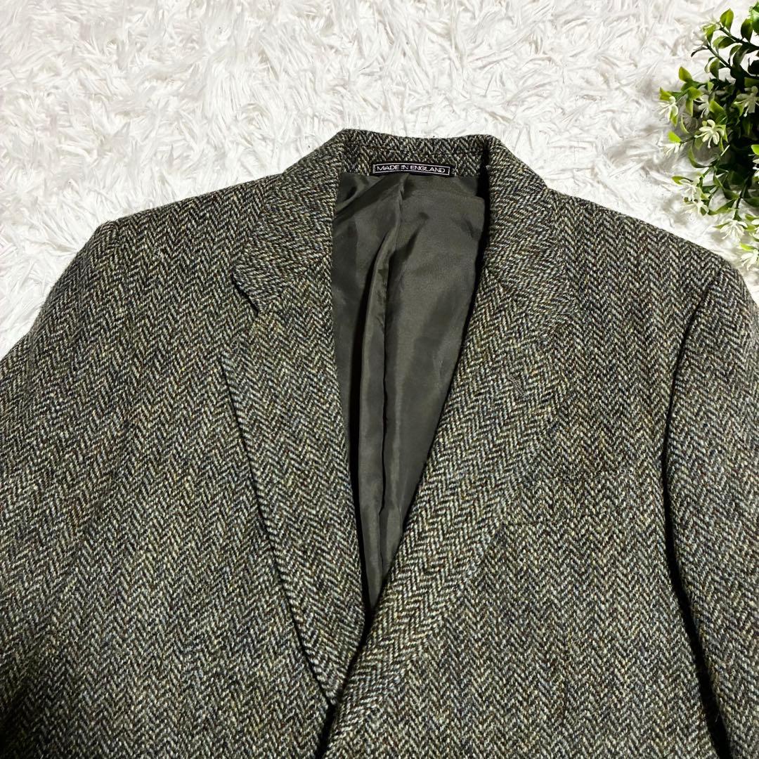 【ハリスツイード】英国製 ヘリンボーン柄テーラージャケット グリーン系 S