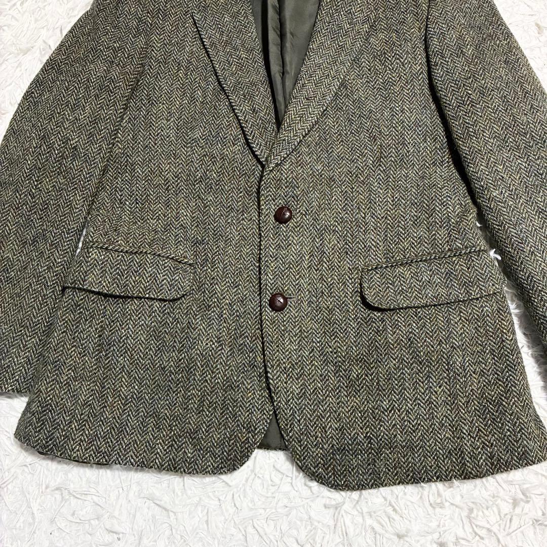 【ハリスツイード】英国製 ヘリンボーン柄テーラージャケット グリーン系 S