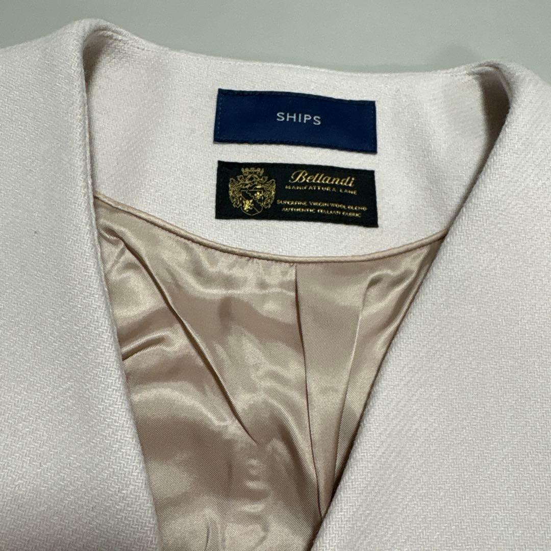 【美品】SHIPSノーカラーロングコート Bellandi ホワイト 40