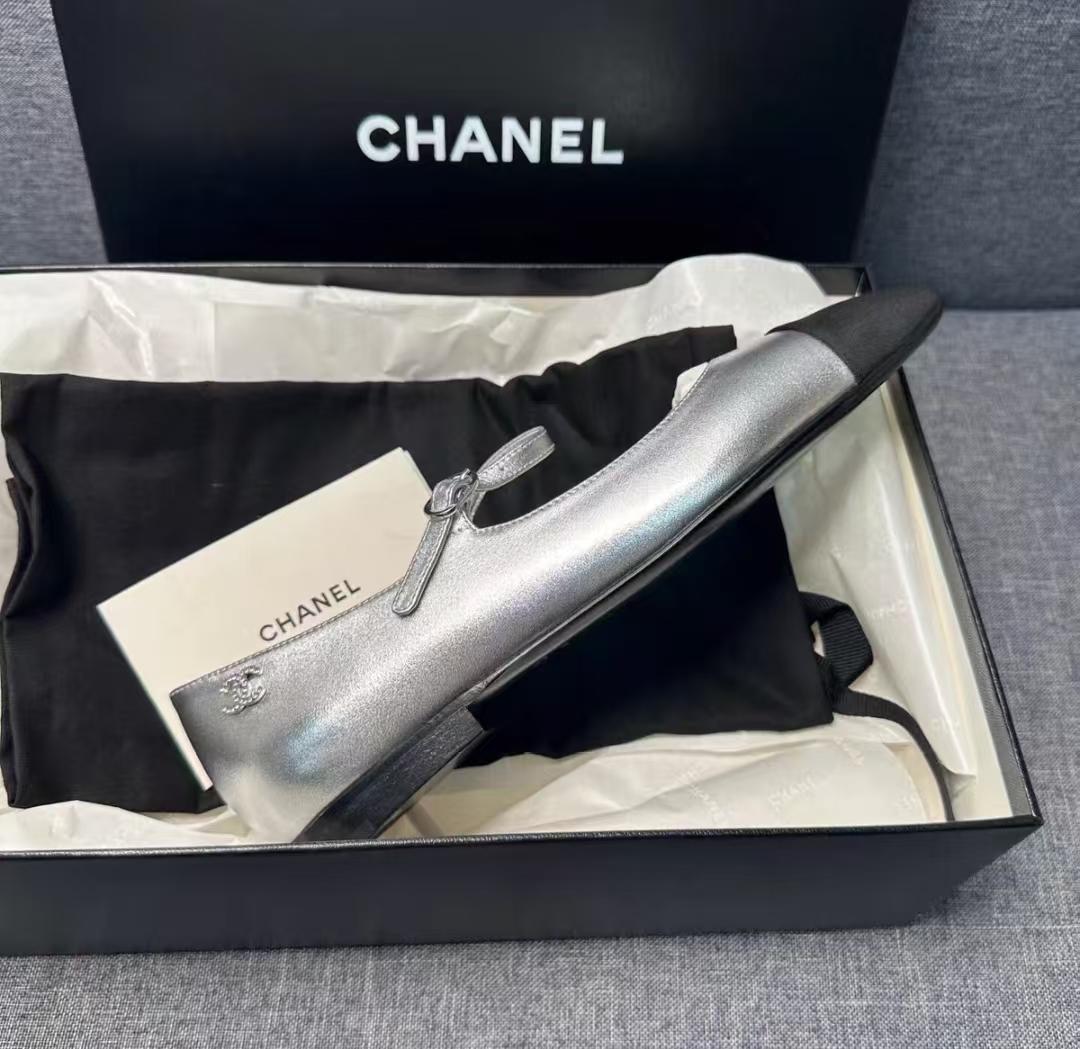 CHANEL シルバー ブラック バレエシューズ 37