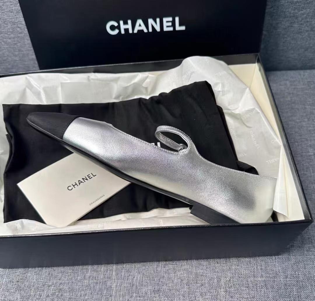 CHANEL シルバー ブラック バレエシューズ 37