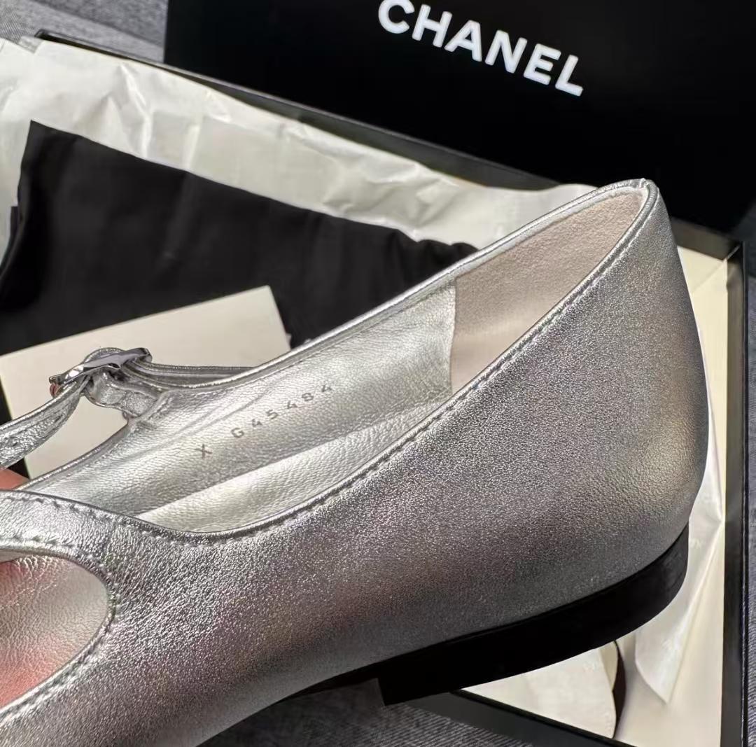 CHANEL シルバー ブラック バレエシューズ 37