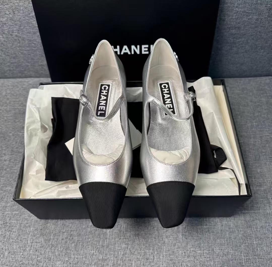 CHANEL シルバー ブラック バレエシューズ 37