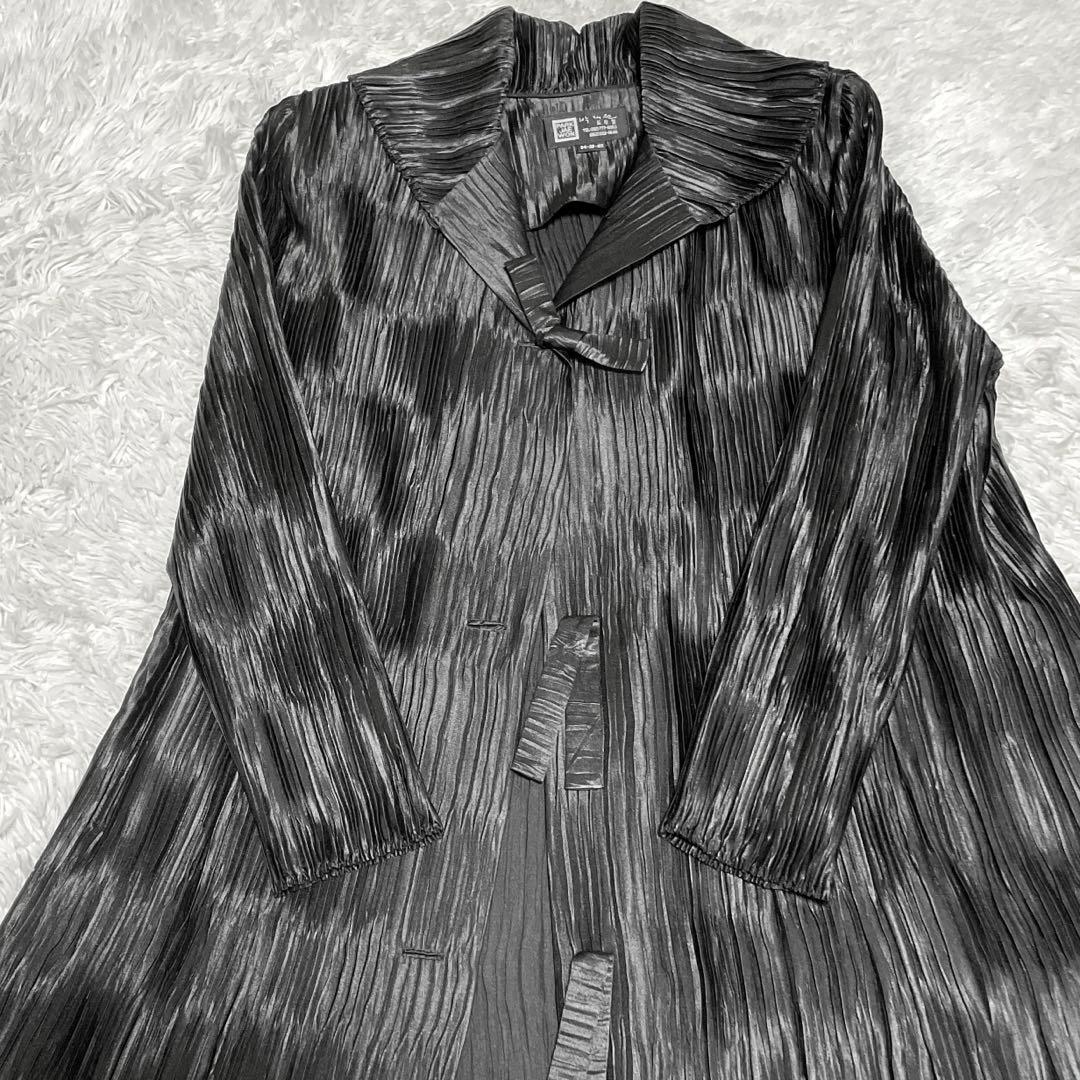 総ジャバラ プリーツ ショールカラー コート マキシ丈 大きいサイズ 黒