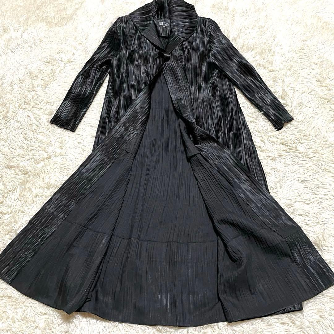 総ジャバラ プリーツ ショールカラー コート マキシ丈 大きいサイズ 黒