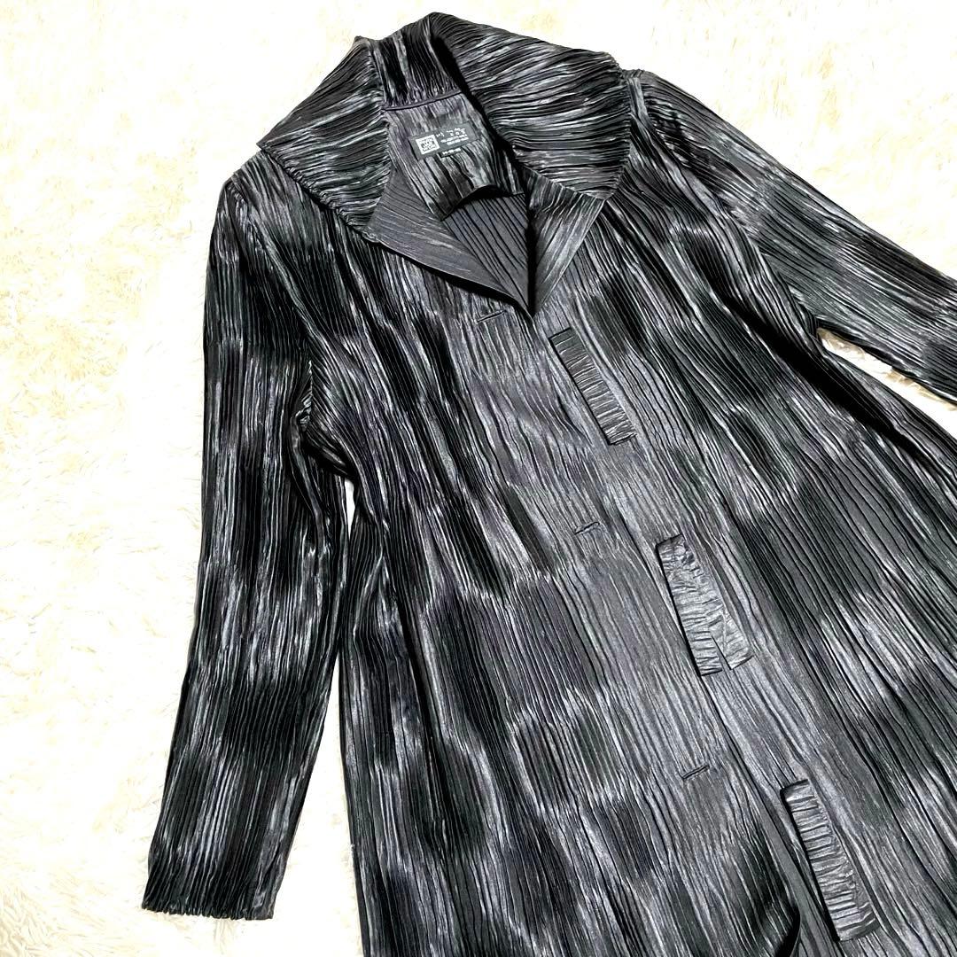 総ジャバラ プリーツ ショールカラー コート マキシ丈 大きいサイズ 黒