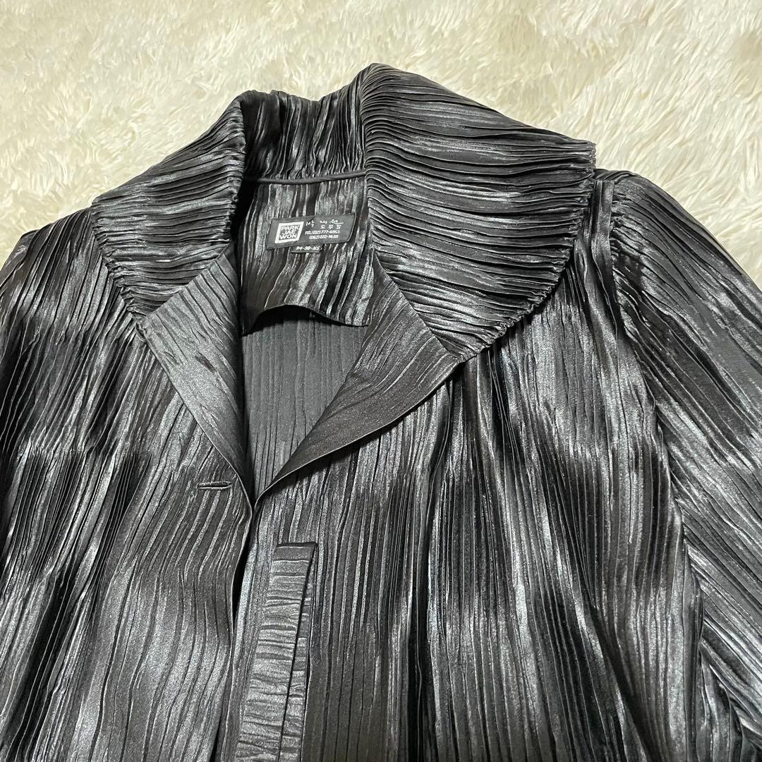 総ジャバラ プリーツ ショールカラー コート マキシ丈 大きいサイズ 黒