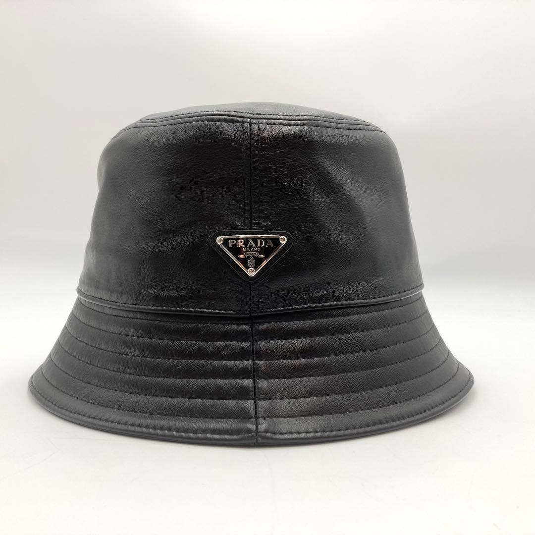 琴！超美品✨PRADA バケットハット 黒 レザー 三角ロゴ M