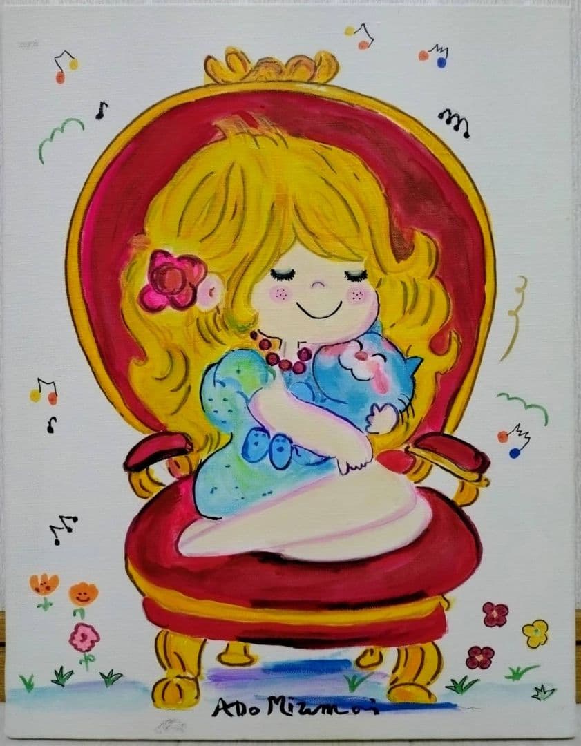 【F6号】水森亜土　手描き作品/表裏サイン・裏描き有/油彩/アクリル/額縁/額装