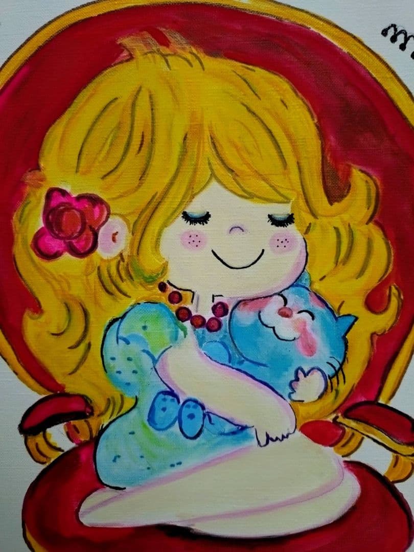 【F6号】水森亜土　手描き作品/表裏サイン・裏描き有/油彩/アクリル/額縁/額装