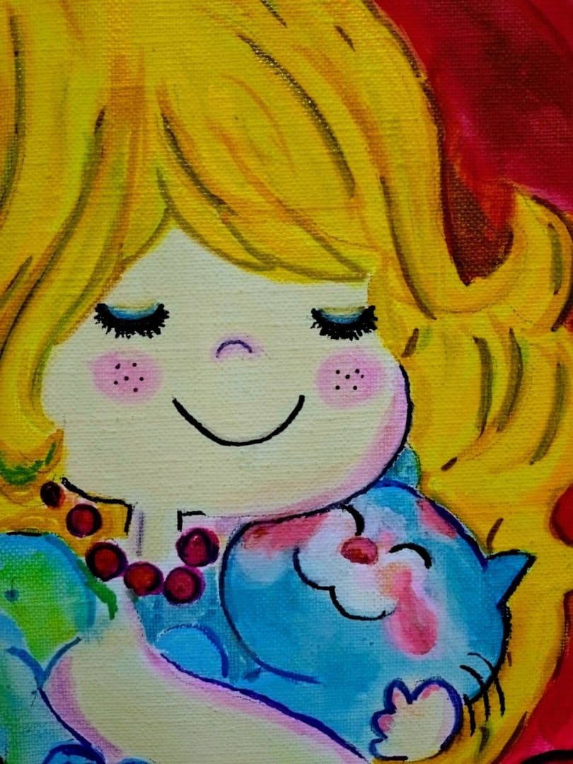 【F6号】水森亜土　手描き作品/表裏サイン・裏描き有/油彩/アクリル/額縁/額装