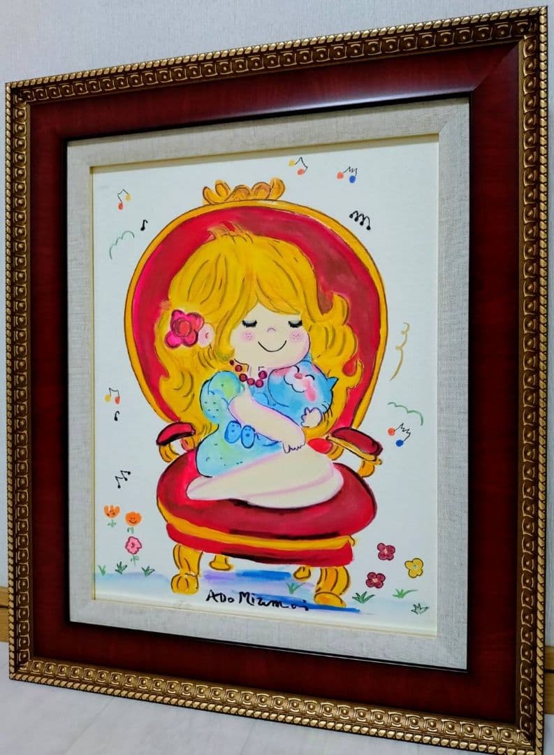 【F6号】水森亜土　手描き作品/表裏サイン・裏描き有/油彩/アクリル/額縁/額装