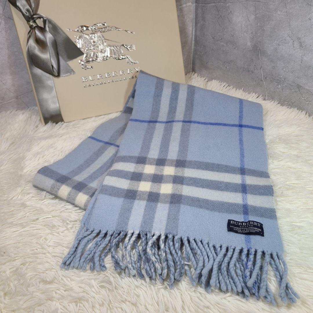 【BURBERRY】ギガチェックマフラー カシミヤ10％ 英国製　ブルー