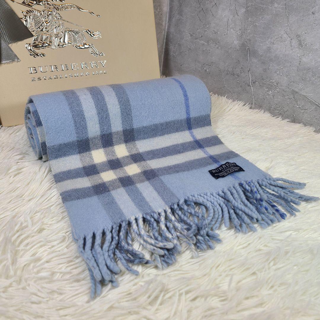 【BURBERRY】ギガチェックマフラー カシミヤ10％ 英国製　ブルー
