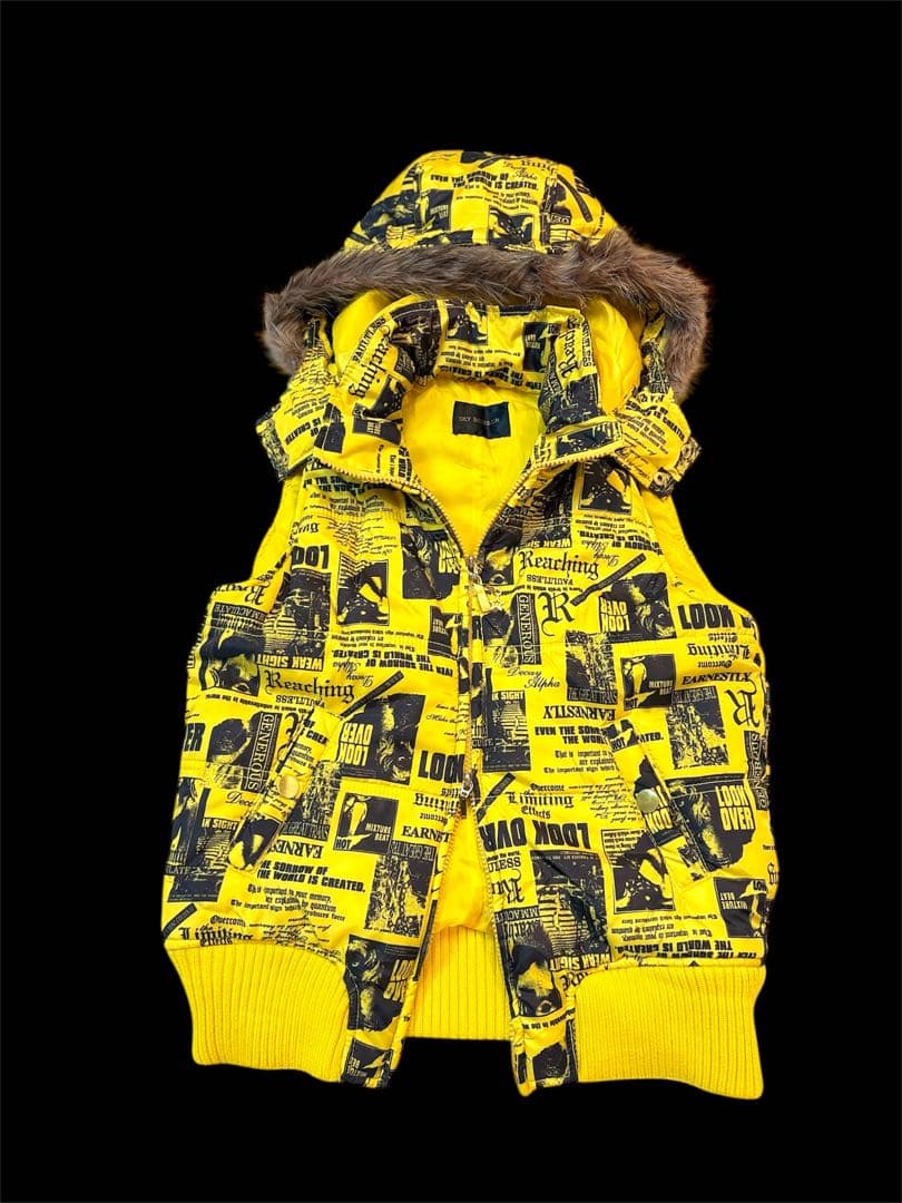 レア美品　平成ギャル ファー　ダウンベスト　フーディ　リブ　短丈　英字♡ y2k