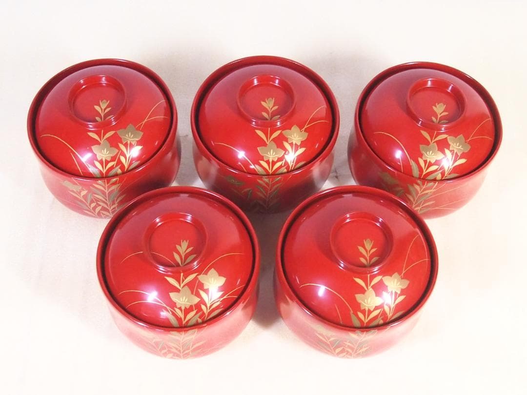 【美品】輪島塗 西久保田漆器店 朱塗 桔梗蒔絵 小吸物椀 5客 瓢型 漆器/食器