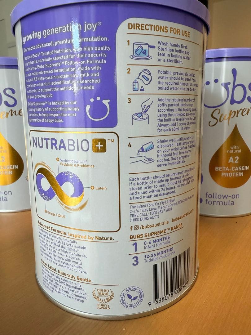 Bubs SupremeA2 粉ミルクステップ2 (6-12カ月) 大缶800