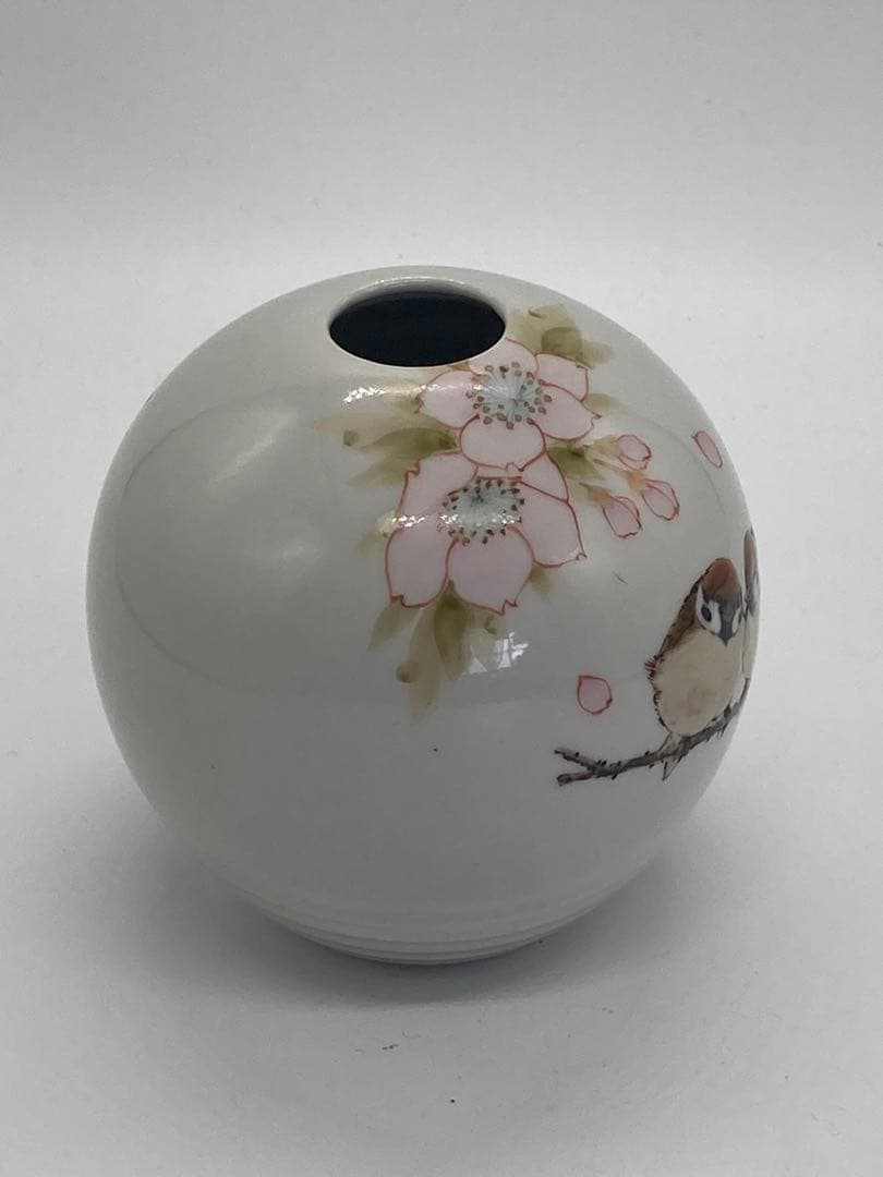 雀と桜の九谷焼花入