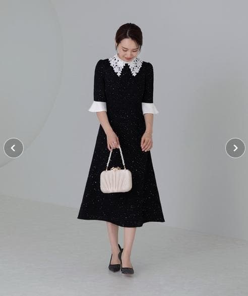 【LEJA】花柄レースカラー スパンコール刺繍 Aラインフレアドレス Lサイズ