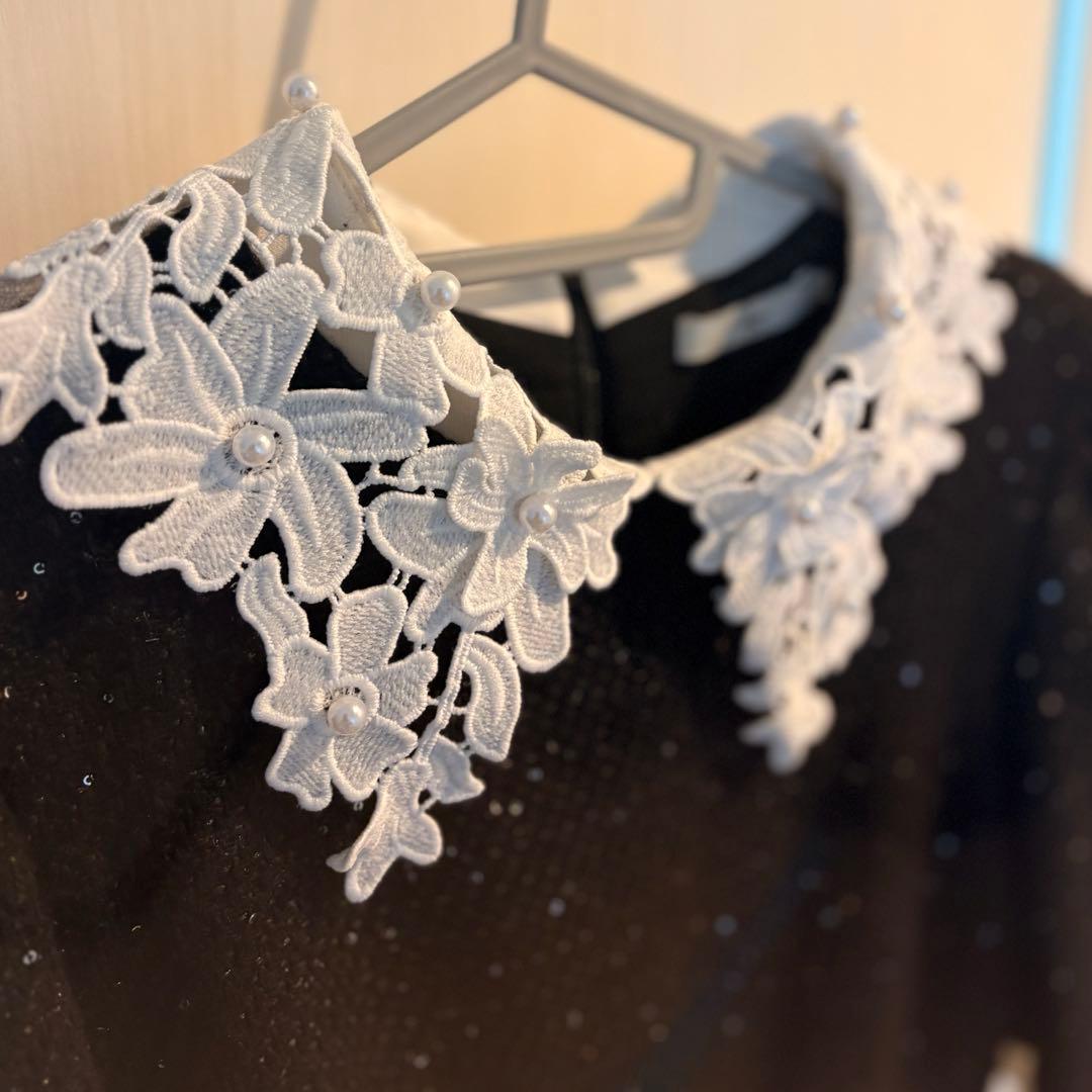 【LEJA】花柄レースカラー スパンコール刺繍 Aラインフレアドレス Lサイズ