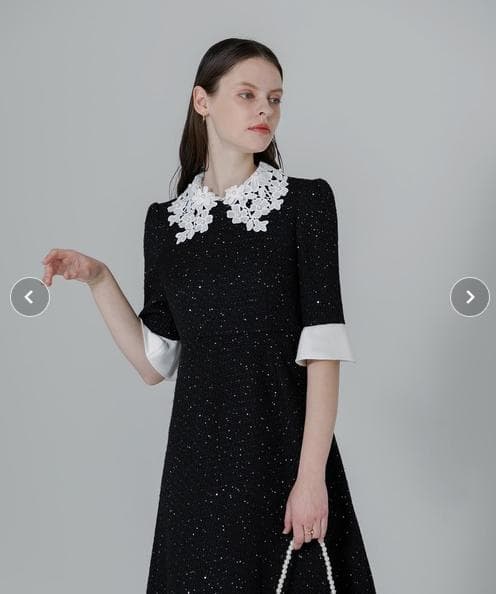 【LEJA】花柄レースカラー スパンコール刺繍 Aラインフレアドレス Lサイズ