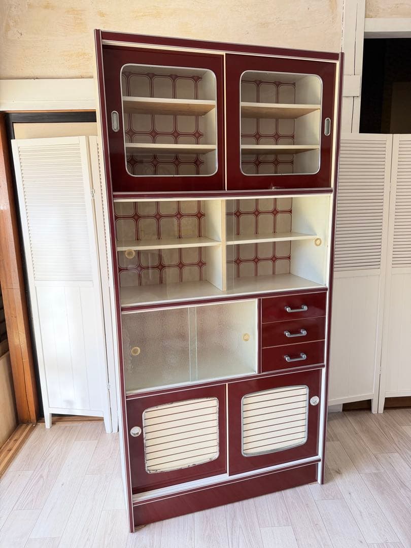 昭和レトロ レトロポップ 食器棚 ガラスキャビネット 木製 キッチン収納 大