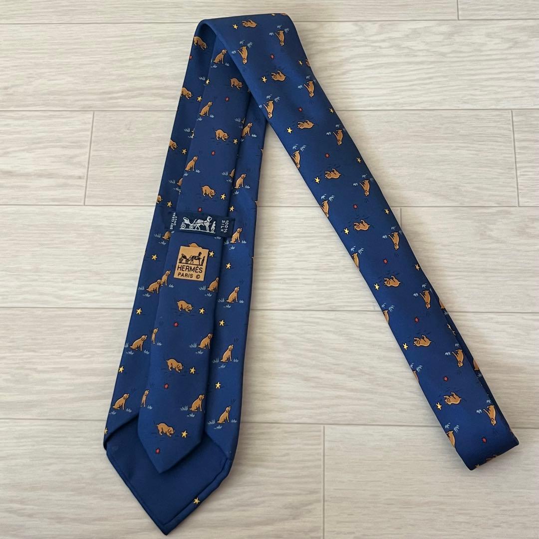 エルメス HERMES ネクタイ シルク100% ネイビー 犬 星 総柄 動物柄