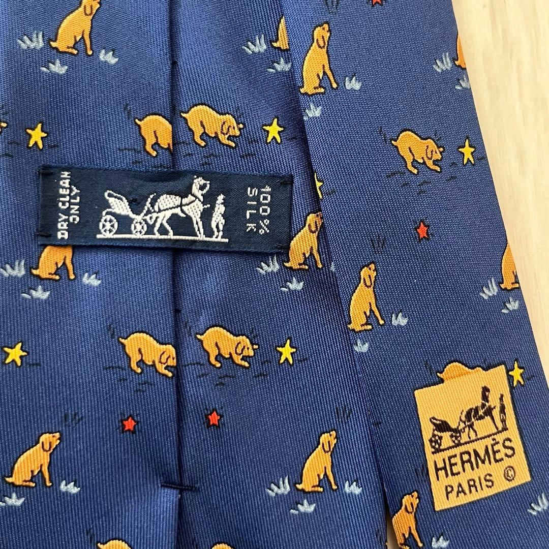 エルメス HERMES ネクタイ シルク100% ネイビー 犬 星 総柄 動物柄